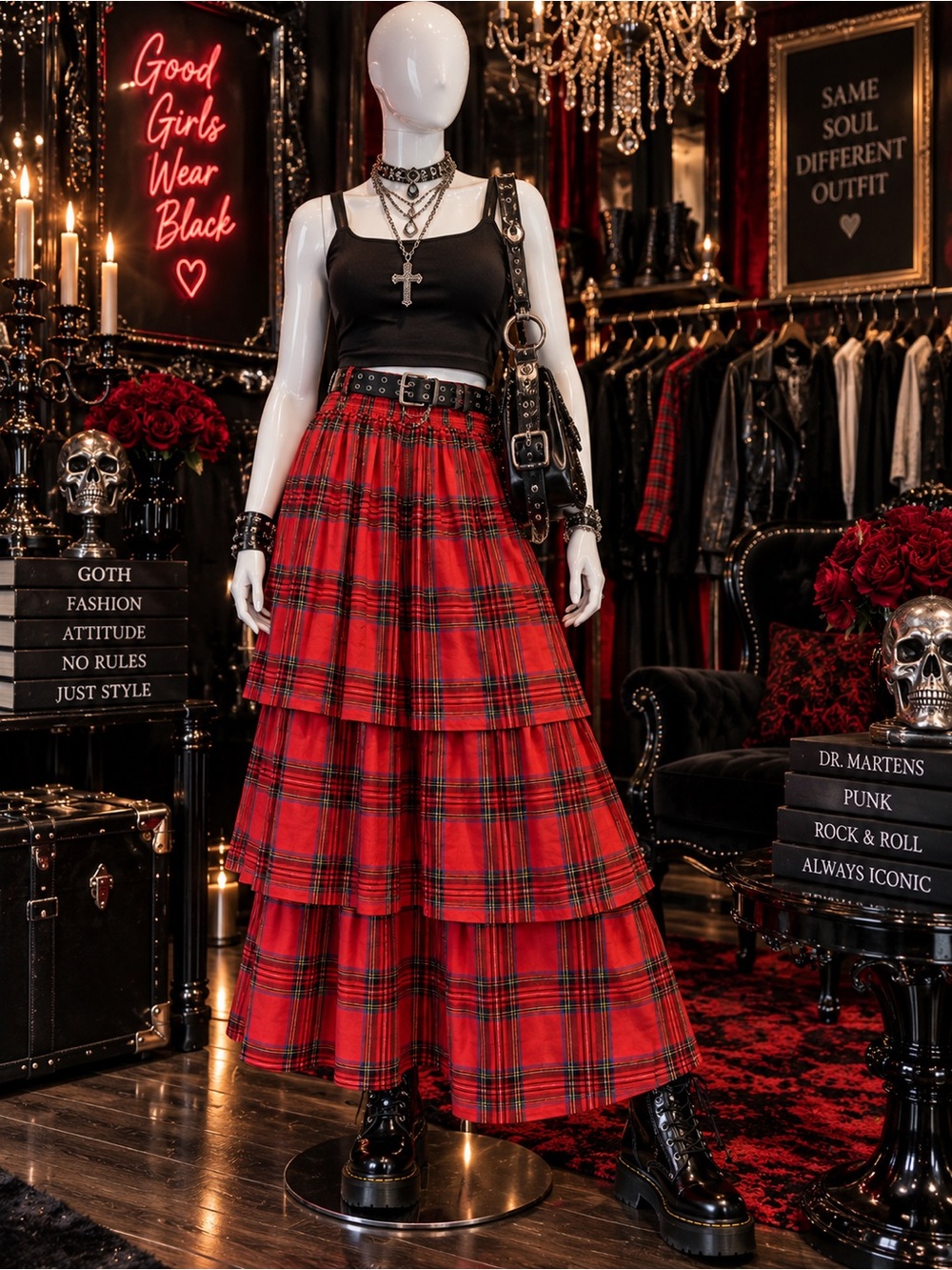 Tiered Red Plaid Skater Skirt